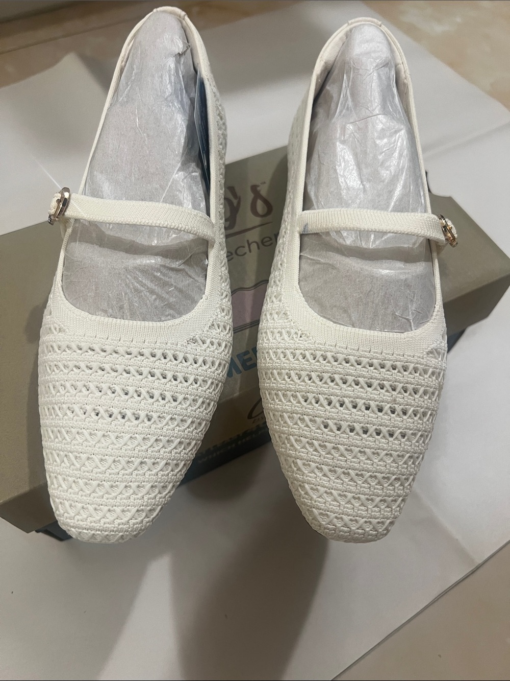 Skechers Women's Cream Crochet Mary Jane Flats with Buckle Strap